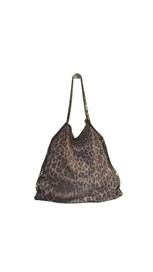 Stella McCartney Falabella 3-Chain Fold Over Tote Leopard Print Brown Bronze Vegan Suede Shaggy Deer Vintage Classic Style Chic Chain handles Detail 