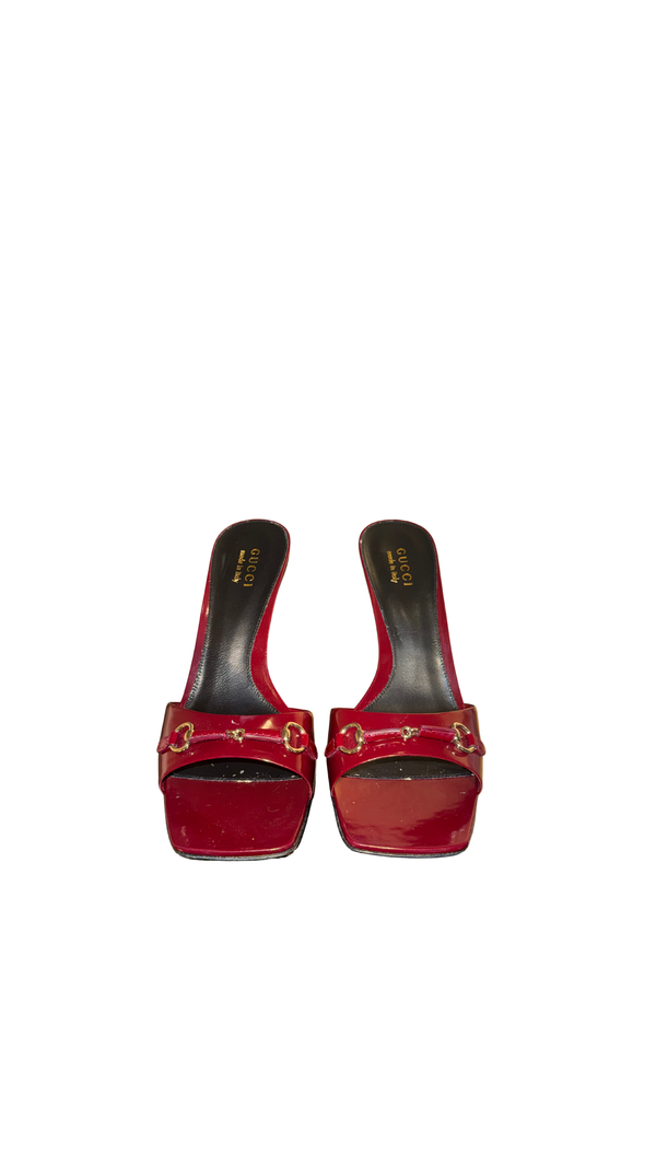 Gucci Horsebit Patent Leather Mules Red Burgundy Square Toe Heeled Sandals Gold Hardware Vintage