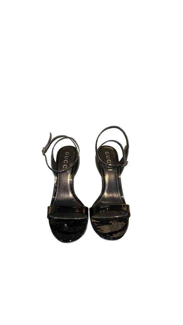 Gucci Bamboo Heel Patent Leather Sandals Black Ankle Strap High Heels Silver Hardware