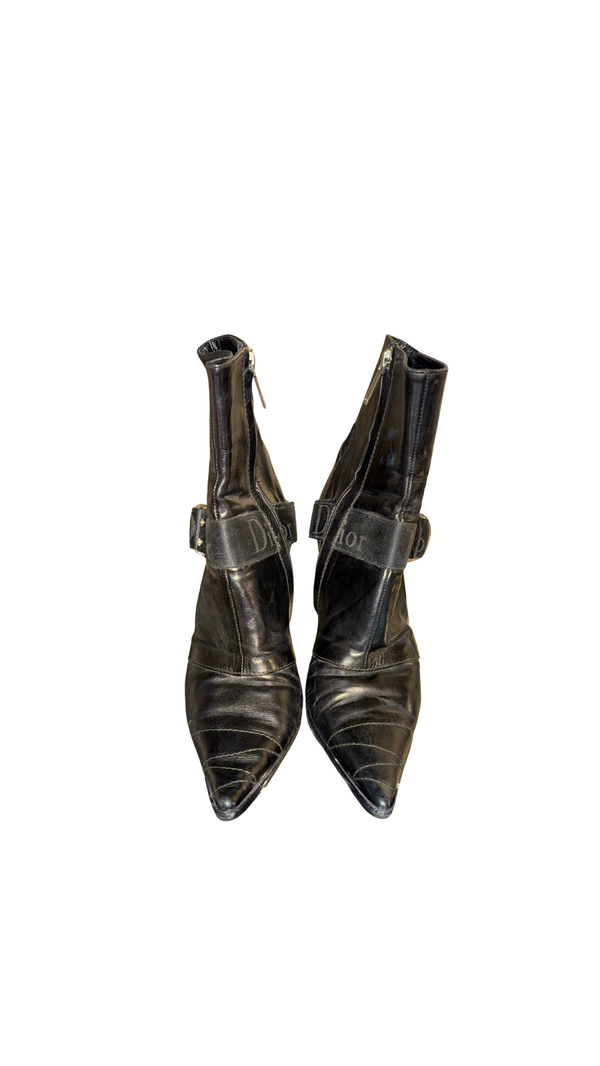 Christian Dior Pointed Toe Leather Ankle Boots Black Logo Buckle Strap Stiletto Heels Vintage John Galliano Era