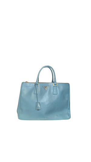 Prada Saffiano Leather Galleria Tote Bag Light Blue Baby Blue Gold Hardware Triangle Logo Top Handle
