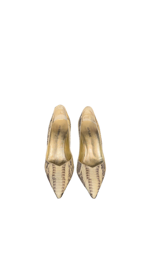 Roberto Cavalli Python Snakeskin Pointed Toe Pumps Beige Gold Leather Stiletto Heels Vintage