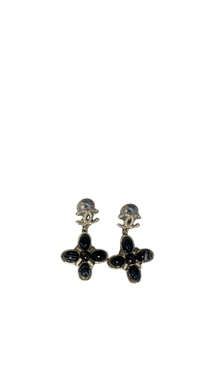 Chanel Silver CC textured logo Abstract Shape Coco Mark Iconic Vintage Dangle Charm Statement Piece Earring Set Black