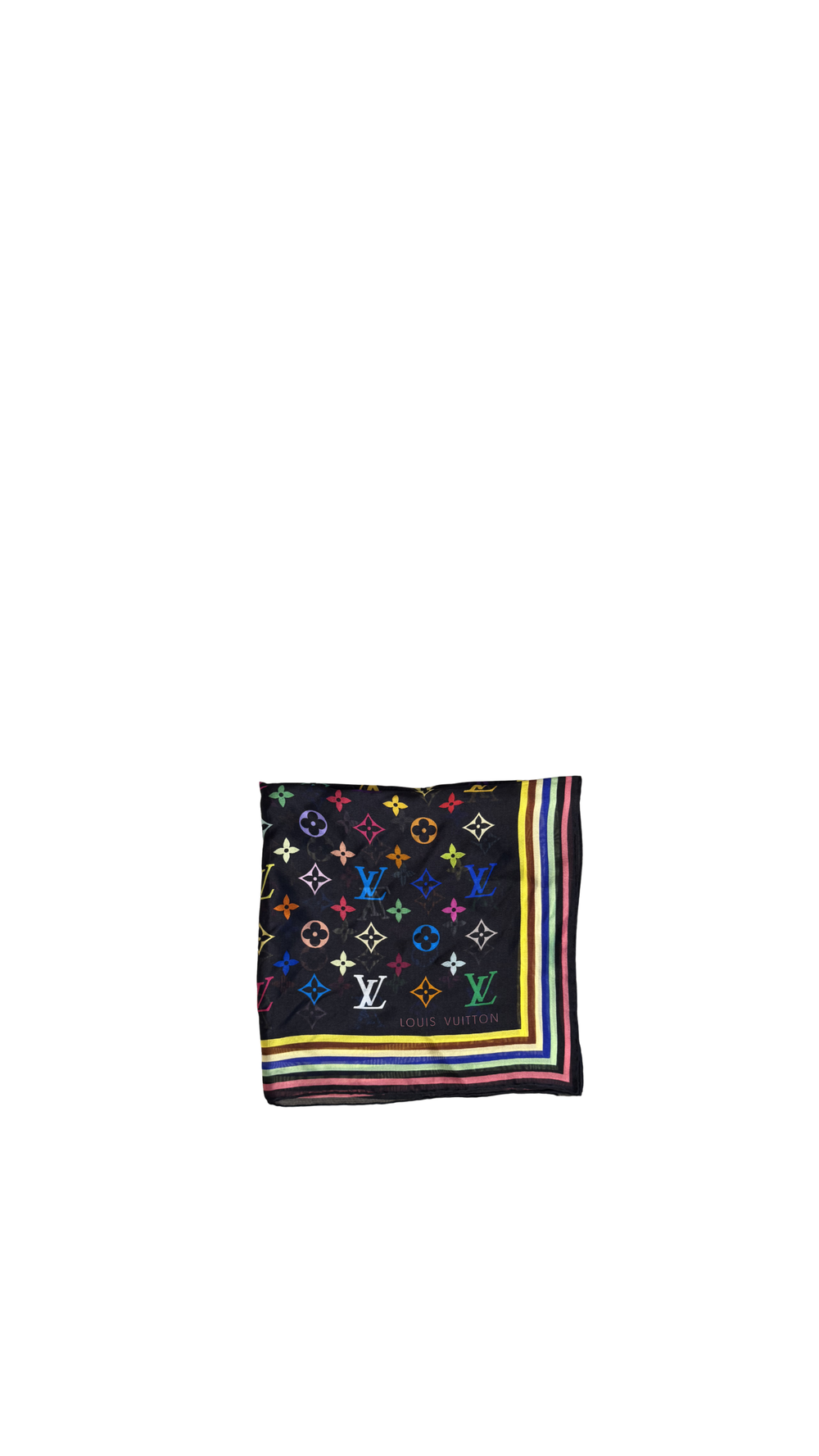 Louis Vuitton LV x Takashi Murakami 2003 Silk Limited Edition collection multicolour black rainbow square scarf monogram LV print with box