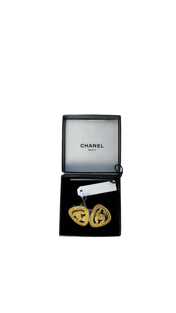 Chanel Gold Plated CC logo Coco Mark Iconic Vintage Medallion Charm Statement Piece Earring Set Clip On