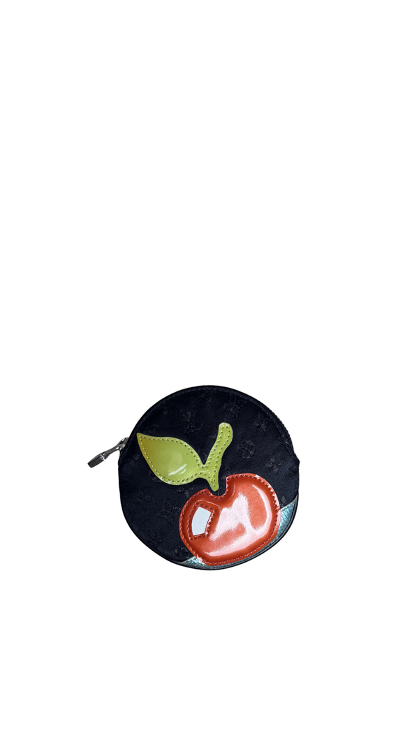 Louis Vuitton 2002 Black Satin Monogram Conte de Fees Apple Round Coin Purse Signature Cherry Appliqué Silver-Tone Hardware