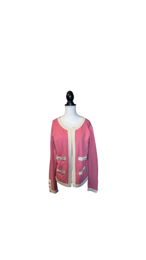 Chanel Vintage Karl Lagerfeld Pink Cream CC button detail 2 pocket raspberry cream trim wool Cardigan Blazer Jacket Classic design