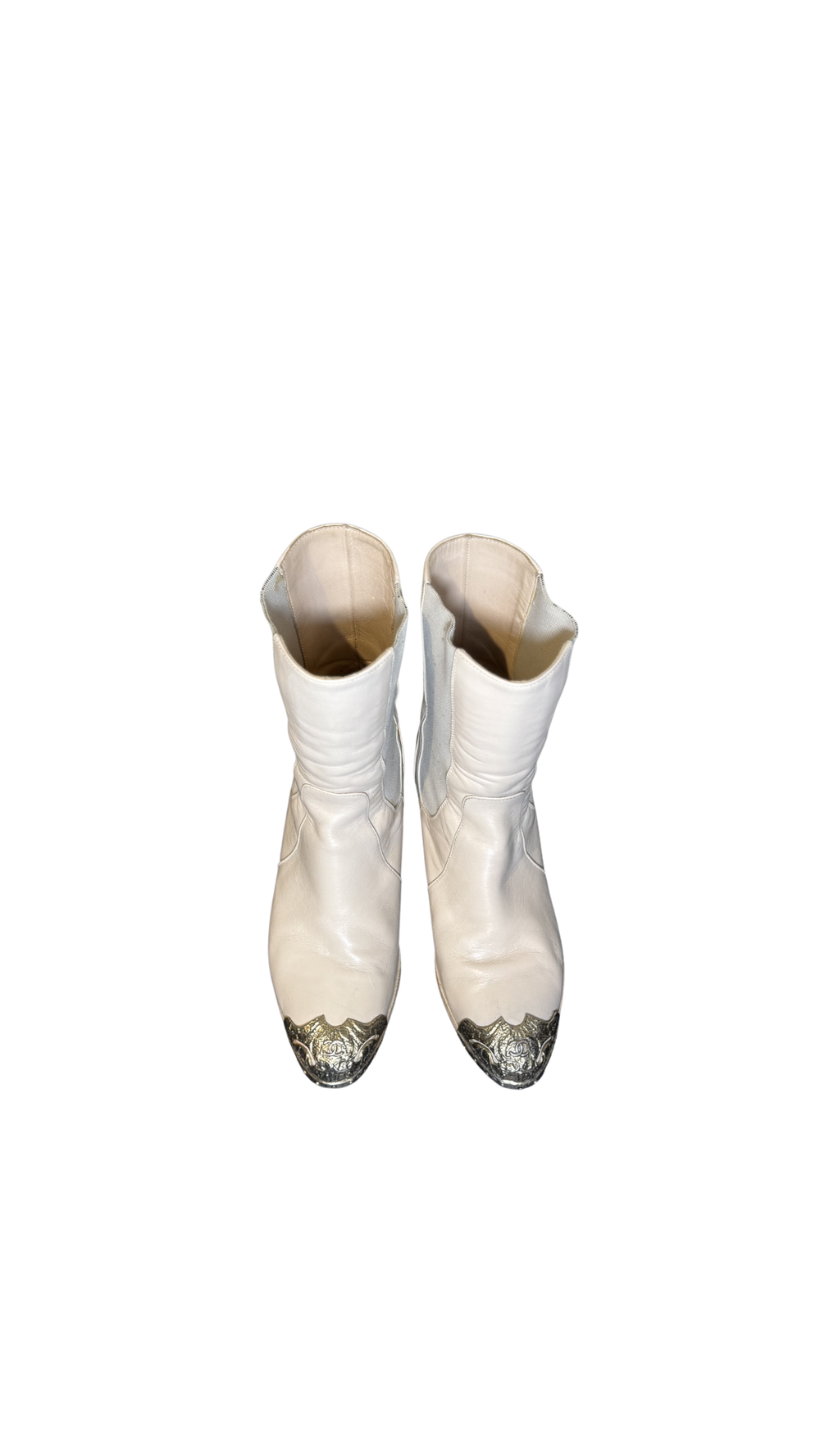 Chanel Karl Lagerfeld 2014 Paris-Dallas BOOTS DE COW-BOY SANTIAGS ETOILE G30046 Cream Gold Heeled Boho Western Cowboy Boot CC coco mark EU 36.5