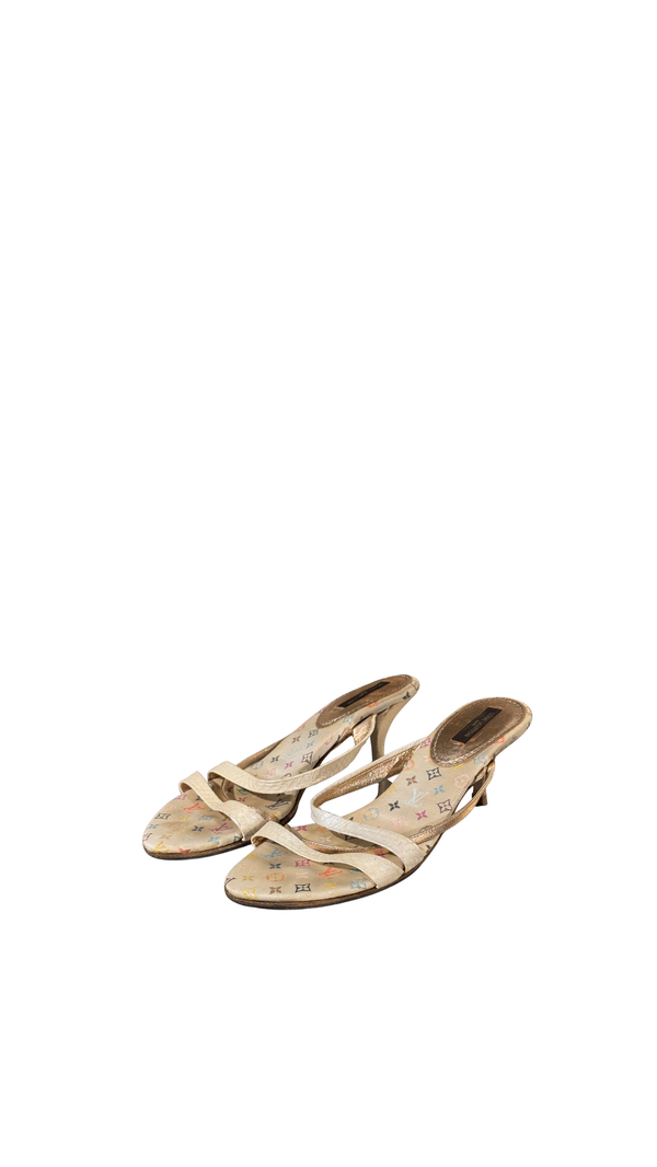 Very Rare Louis Vuitton Takashi Murakami Monogram Multicolore Exotic Leather Heeled Sandals Size 37.5 Box
