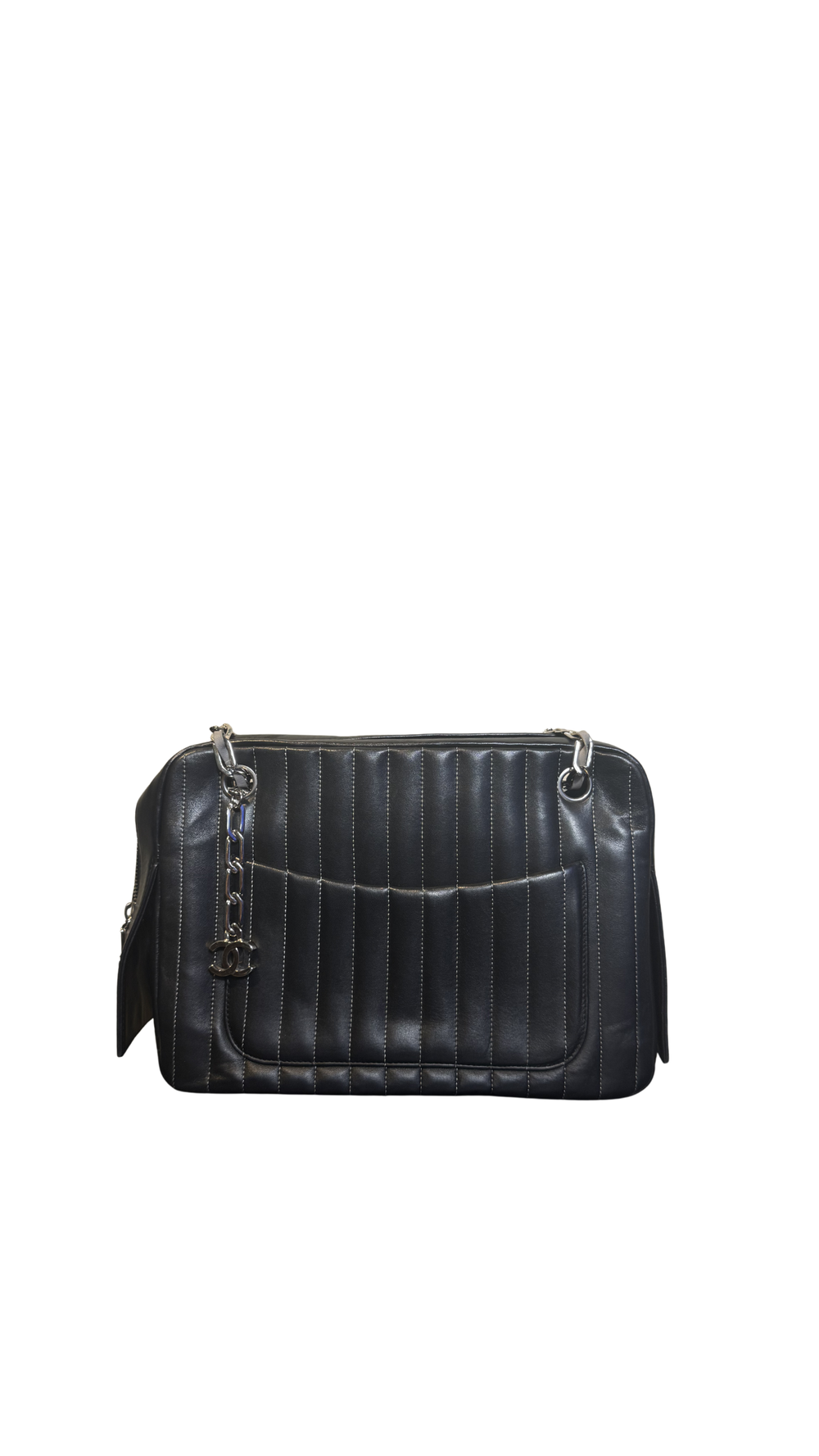 Chanel Vintage 2005/6 CC cocomark Medium Ligne Vertical Quilted Lambskin Mademoiselle Camera Bag Black Leather Lambskin