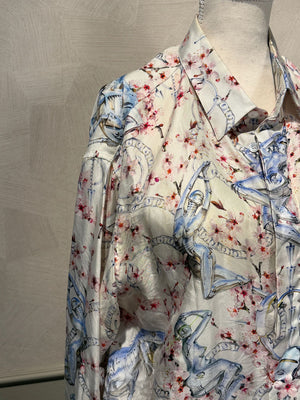 Dior Mens 2019 A/W Hajime Sorayama Sorayama Robot Floral Button Down Pajama White Pink Silk Set Shorts button up Size 38