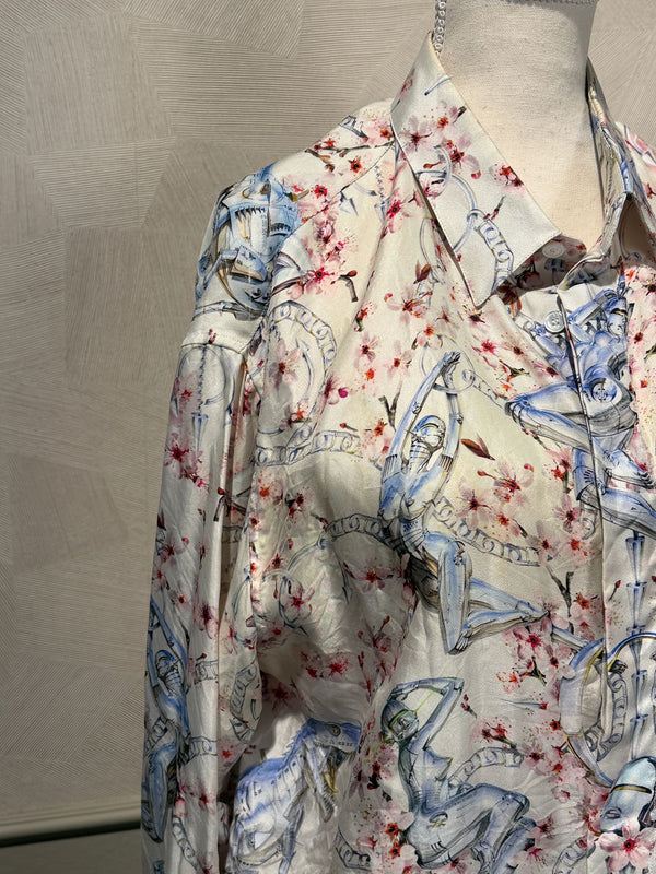 Dior Mens 2019 A/W Hajime Sorayama Sorayama Robot Floral Button Down Pajama White Pink Silk Set Shorts button up Size 38