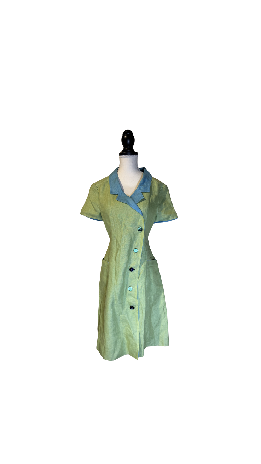 Chanel Cruise Resort 2001 Collection Vintage Apple Green Linen Turquoise Tunic Dress CC coco mark button Gold Hardware Classic A line Karl Lagerfeld