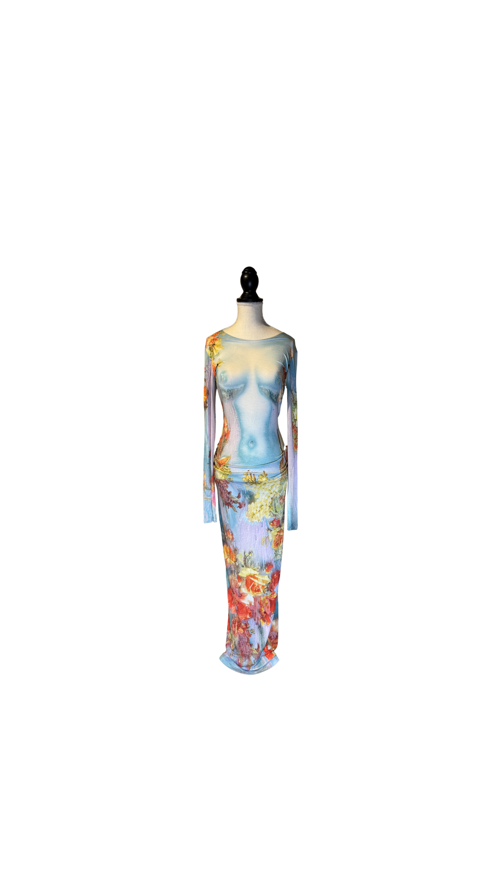 Jean Paul Gaultier Body Flowers stretch-jersey maxi dress 'Love Moi' size S long sleeve mesh mock nude