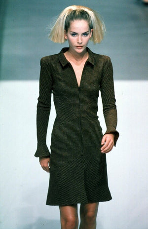 Chanel 1997 Coco Mark Knit Dress Wool Brown CC details FR 34 XS/XXS Long Sleeve Fit Flare Classic