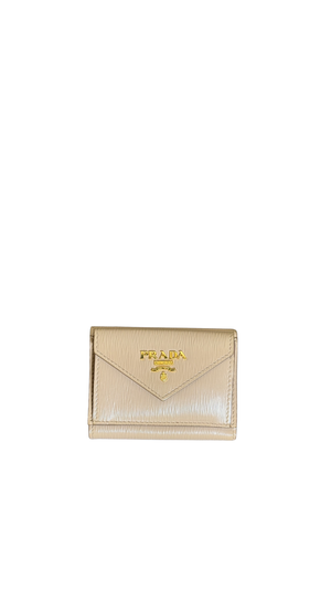 Prada Small Vitello Move Trifold Wallet Leather Wallet Card Holder in Clay/Water Lily bi-fold wallet gold-toned Prada lettering