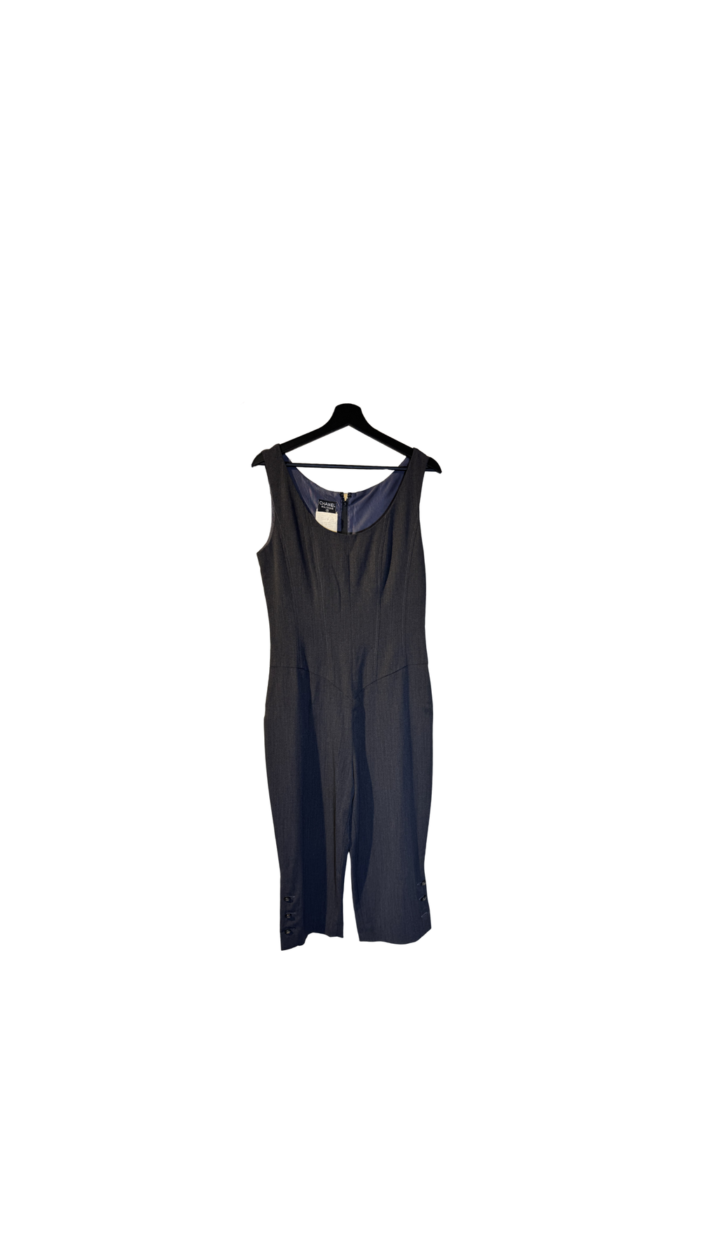 Chanel vintage capri pedal pusher jumpsuit one piece short sleeve Black CC cocomark cinch waist Fitted Classic design chic low neck