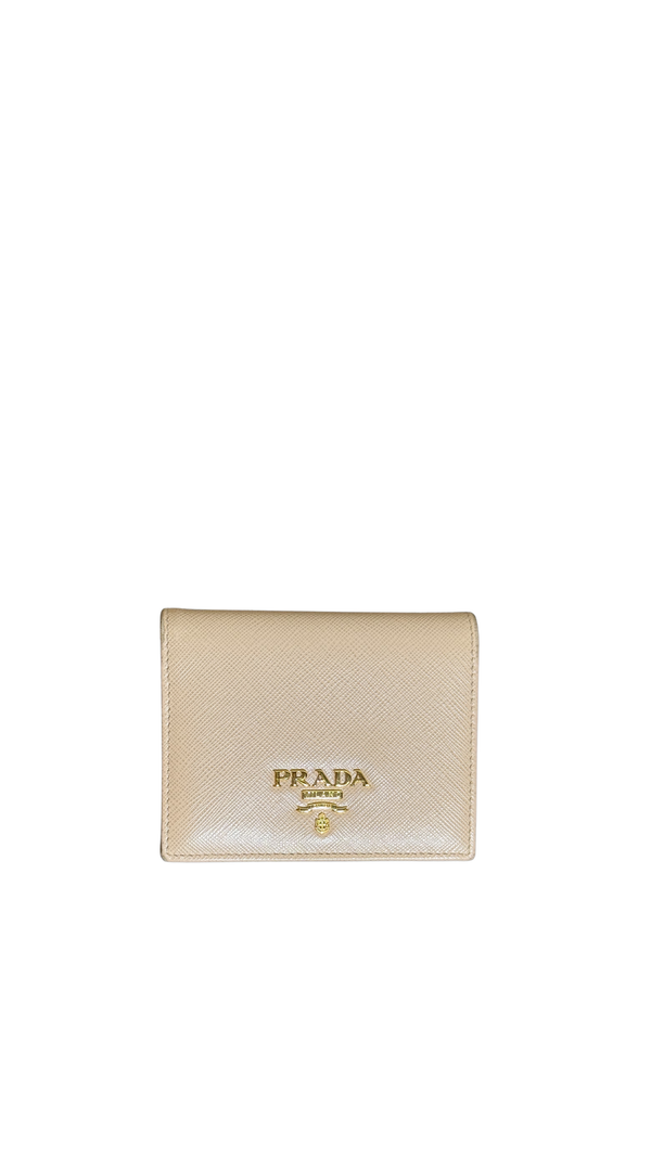 Prada Small Saffiano Leather Wallet Card Holder in Clay/Water Lily bi-fold wallet gold-toned Prada lettering red interior