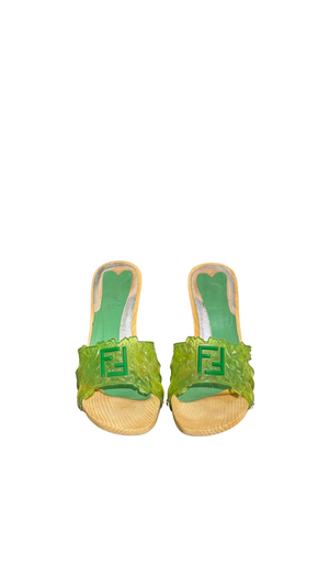 Fendi Vintage Green Jelly Logo Heeled Mules Transparent Resin FF Monogram Embossed Strap Wooden Effect Sole Designer Shoes Size 38