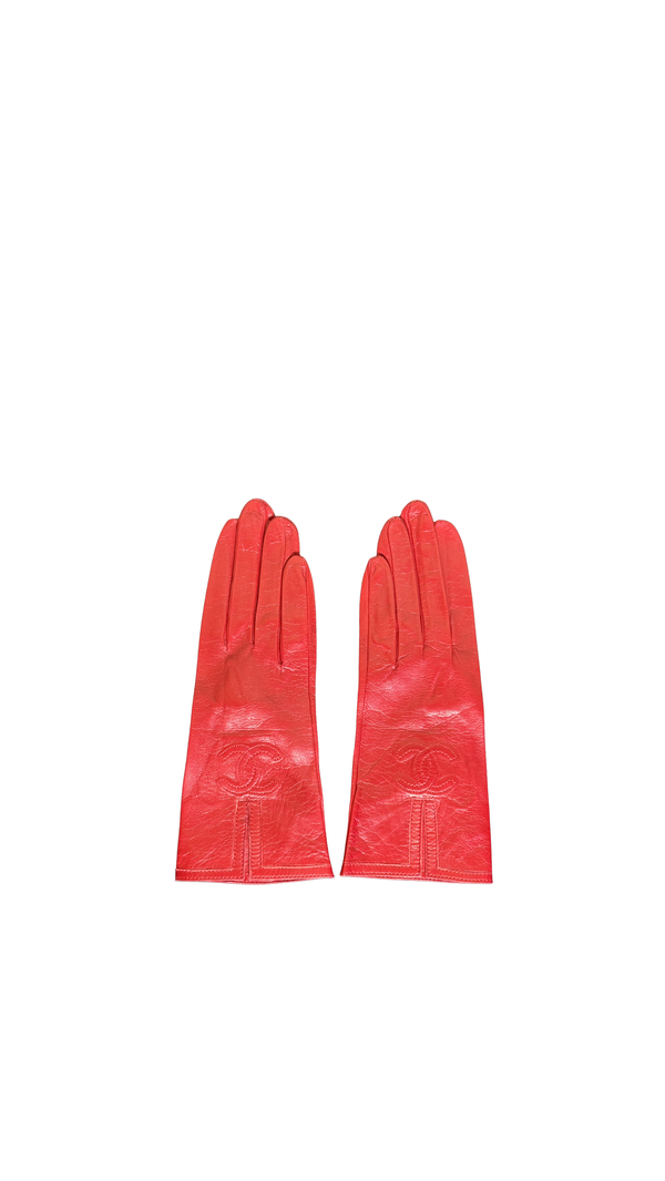 Chanel Vintage CC Cocomark logo bright red slim gloves leather fleece lined Karl Lagerfeld logo