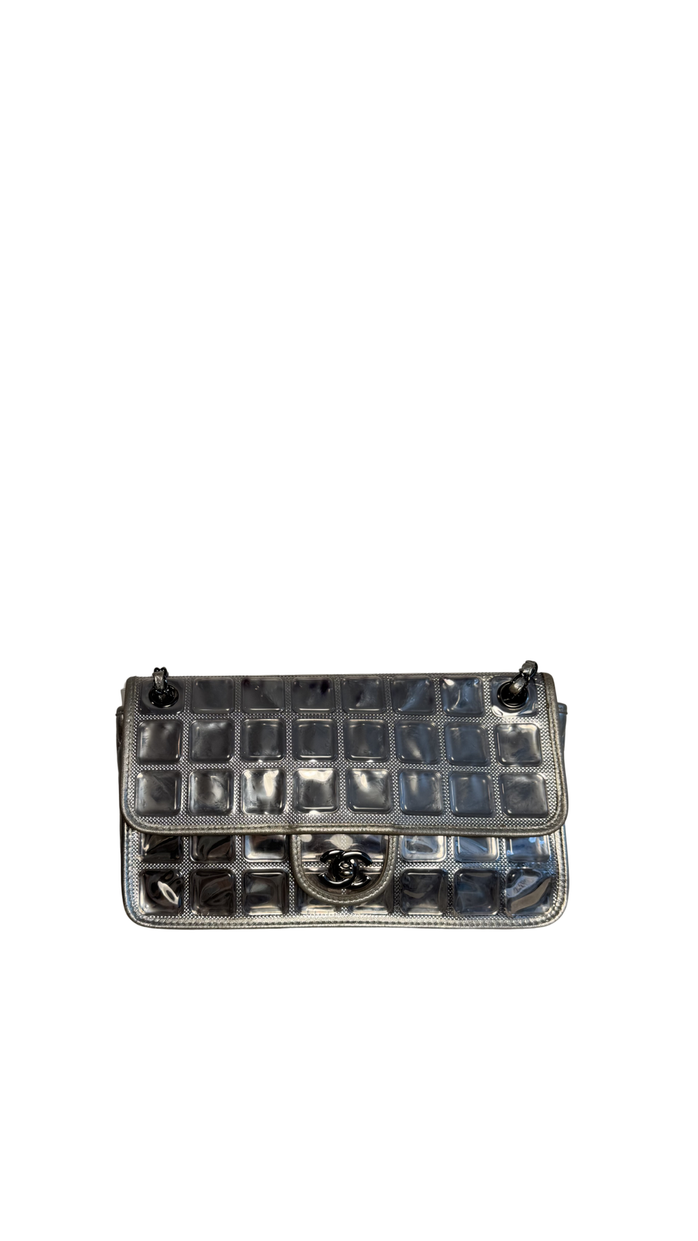Chanel Vintage 2008 Cruise Collection Karl Lagerfeld Silver Ice Cube Leather Flap Choco Bar Shoulder Bag Y2k Limited Edition