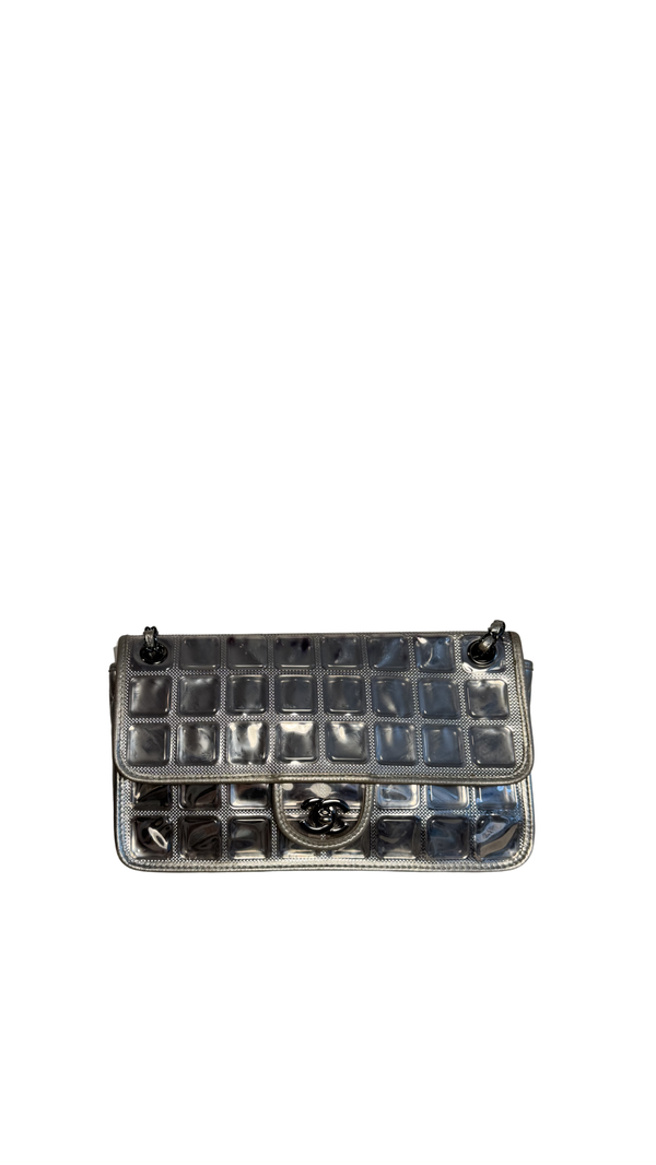 Chanel Vintage 2008 Cruise Collection Karl Lagerfeld Silver Ice Cube Leather Flap Choco Bar Shoulder Bag Y2k Limited Edition