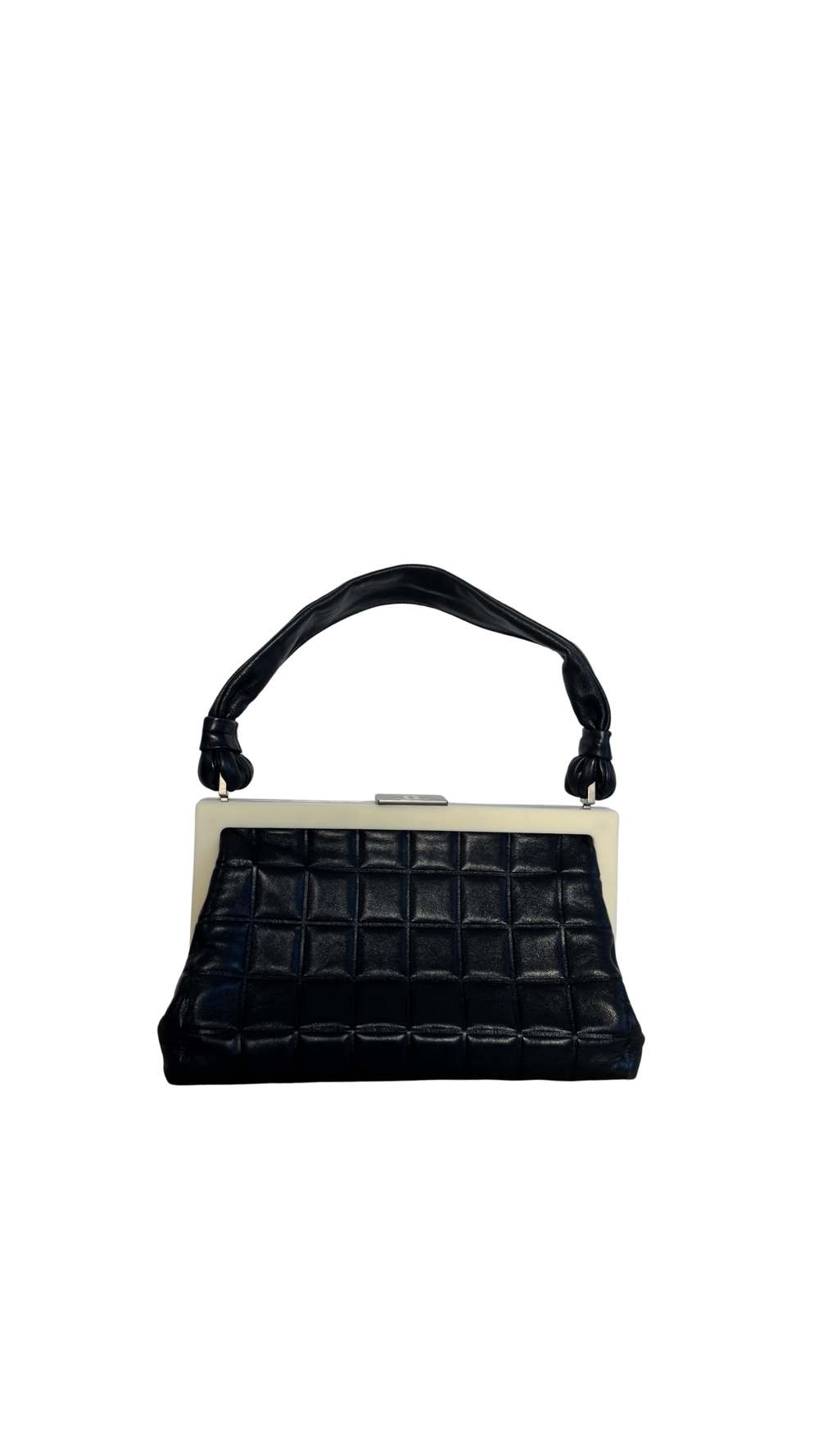 Chanel Vintage 2001 Black and Creme Chocolate Bar Leather Frame Checkered Shoulder Bag Karl Lagerfeld Limited Edition