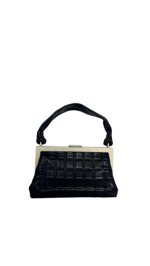 Chanel Vintage 2001 Black and Creme Chocolate Bar Leather Frame Checkered Shoulder Bag Karl Lagerfeld Limited Edition