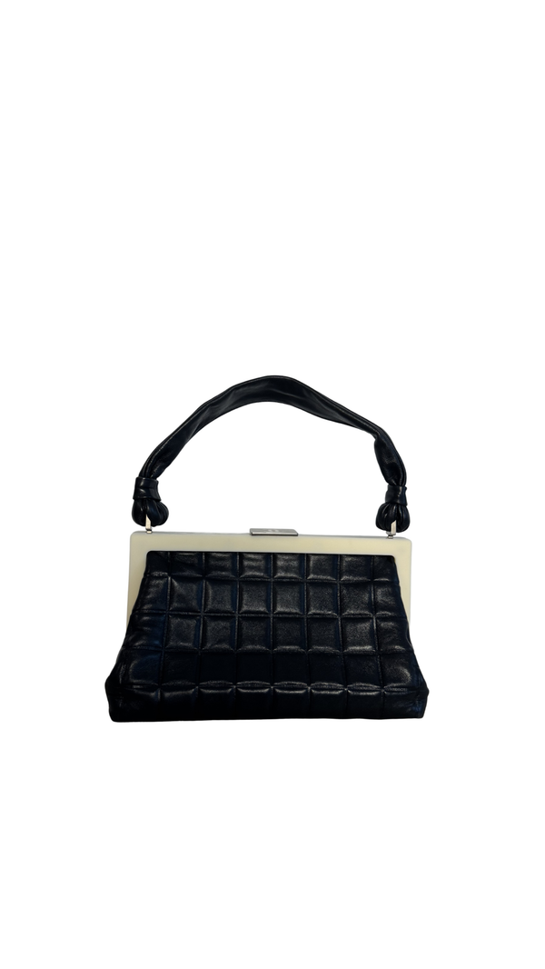 Chanel Vintage 2001 Black and Creme Chocolate Bar Leather Frame Checkered Shoulder Bag Karl Lagerfeld Limited Edition