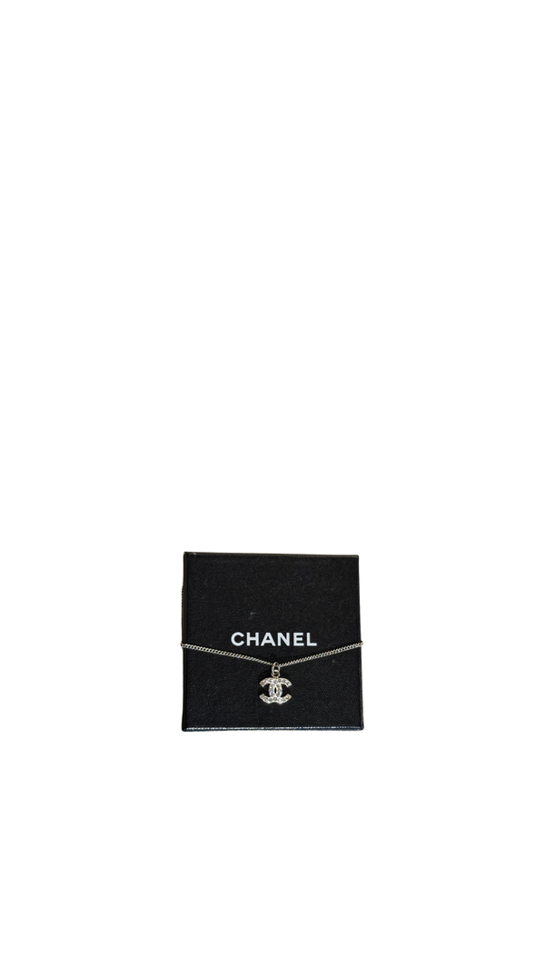 Chanel Reversible CC Logo Pendant Necklace Silver Tone Rhinestone Crystal Double Sided Chain with Box