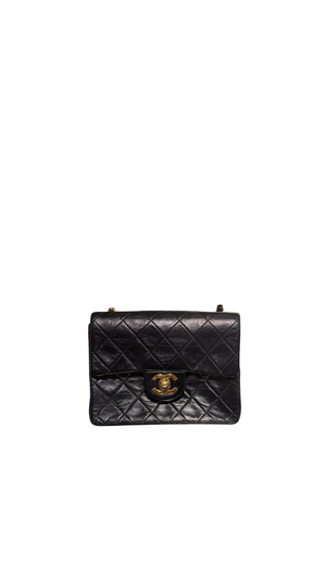 Chanel Vintage Black Quilted Lambskin Square Mini Single Flap Shoulder Bag Gold Hardware Archive