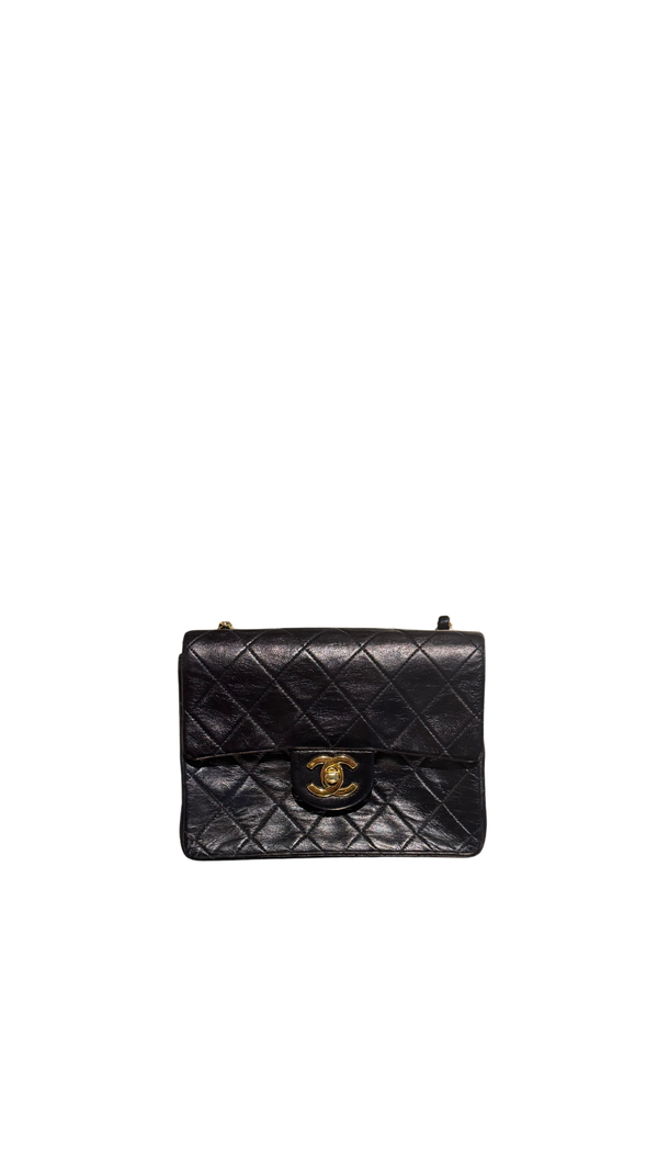 Chanel Vintage Black Quilted Lambskin Square Mini Single Flap Shoulder Bag Gold Hardware Archive