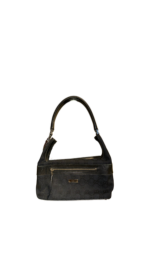 Gucci Vintage 1999 2002 GG Monogram Shoulder Bag Black Canvas Leather Trim Silver Tone Hardware
