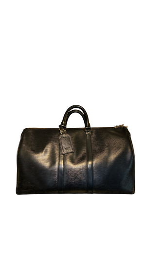 Louis Vuitton Black Epi Leather Keepall 50 Bandouliere Duffle Travel Bag Gold Hardware