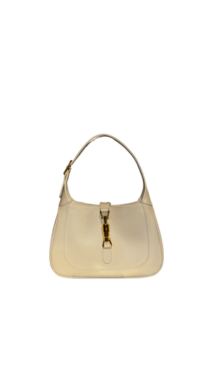 Gucci Jackie 1961 Medium White Leather Hobo Shoulder Bag Gold Piston Clasp Adjustable Strap Ivory Designer Handbag