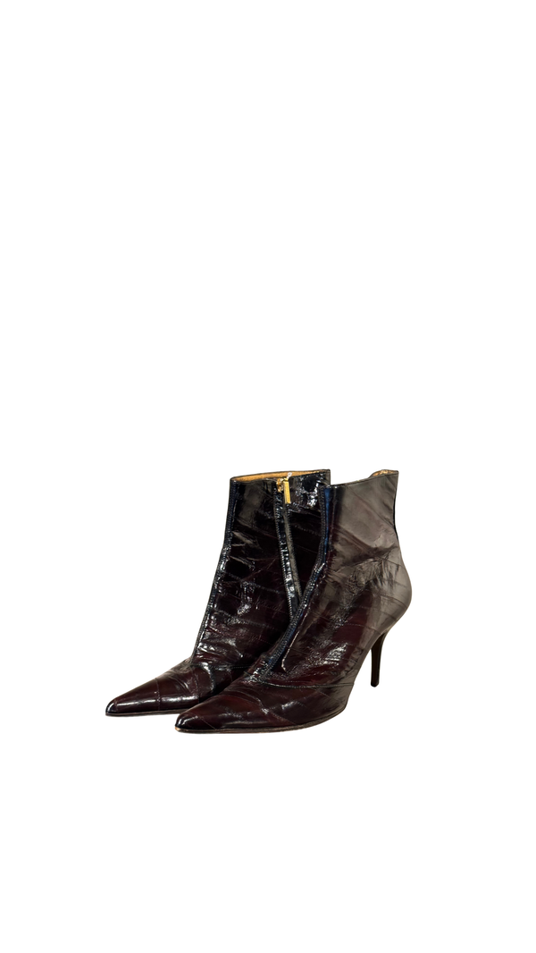 Dolce &amp; Gabbana D&amp;G Burgundy Exotic Leather Ankle Boots Pointed Toe Gold Zip Stiletto Heel Size EU 40