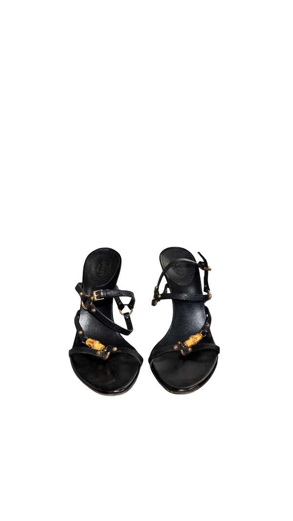 Gucci Black Leather Bamboo Detail Strappy Sandals Gold Hardware High Heels Size 41C with Box