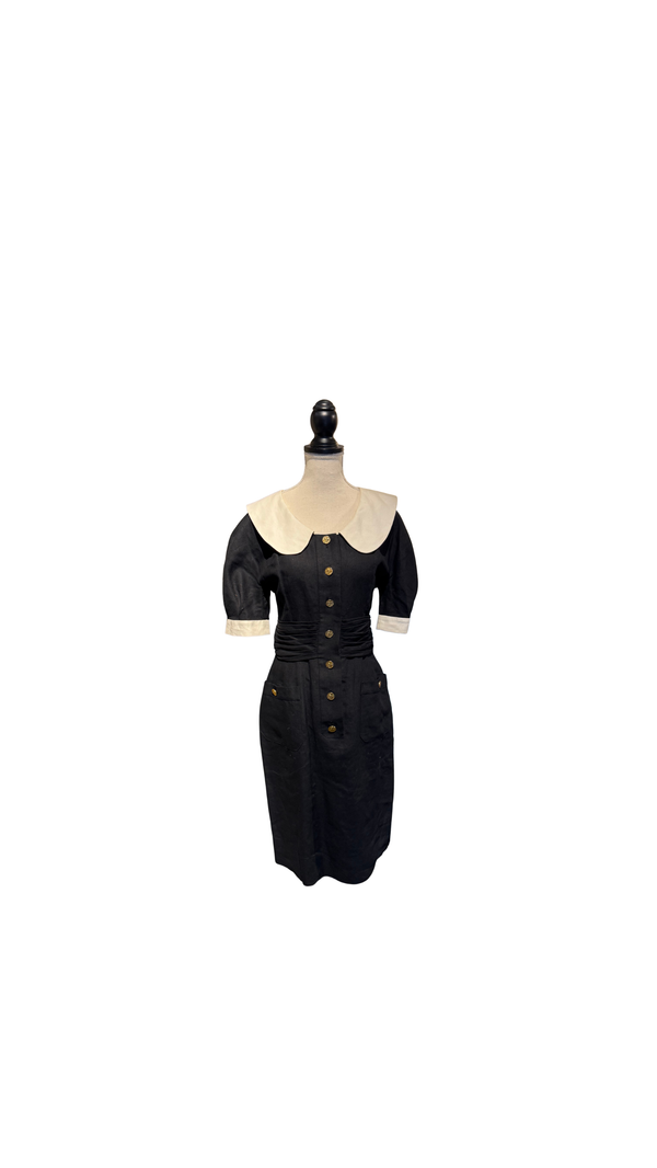 Chanel Boutique Karl Lagerfeld Spring/Summer 1988 Black Linen Claudine Midi Dress with Gold CC Buttons