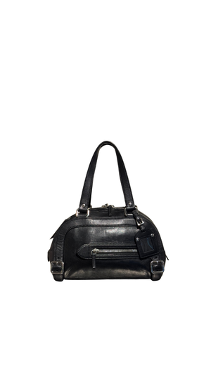 Prada Black Leather Bowling Bag Multi Zip Pocket Top Handle Shoulder Bag Silver Hardware Luggage Tag Dust Bag