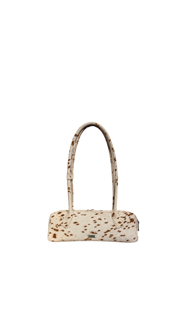 L Soul Brown White Cow Print Pony Hair Shoulder Bag Animal Print Leather Handbag Silver Hardware