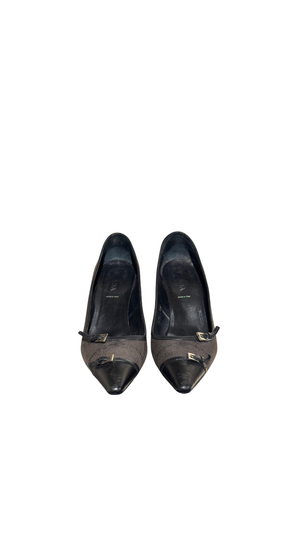 Prada Black Suede Patent Leather Double Buckle Pointed Toe Pumps Stiletto Heels Size EU 40