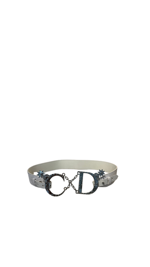 Christian Dior by John Galliano Vintage Archive White Snakeskin Leather Belt Oversized Silver CD Logo Buckle Chain Star Charms Y2K Waist Belt