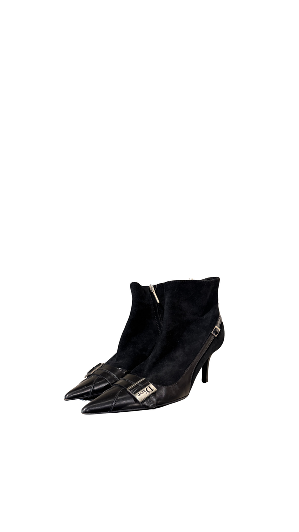 Christian Dior Black Suede Patent Leather Pointed Toe Ankle Boots Logo Buckle Kitten Heel Size EU 37.5