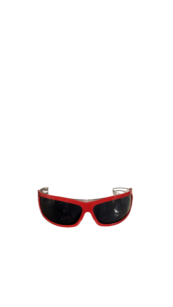Christian Dior Vintage 1990s Shield Visor Sunglasses Red Black Wraparound Frame Dark Lenses John Galliano