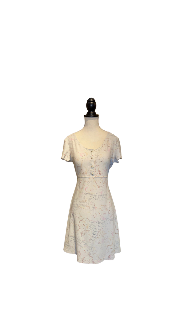 Chanel Cruise 1998 Ivory Camellia Floral Script Print Stretch Jersey Midi Dress CC Logo Buttons Karl Lagerfeld Vintage Archive Size FR 42
