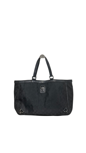 Gucci Vintage 2000s Abbey D Ring Tote Bag Black GG Monogram Canvas Leather Trim Silver Tone Hardware