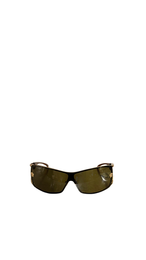 Versace Vintage Shield Sunglasses Olive Green Lenses Gold-Tone Metal Frame Medusa Details