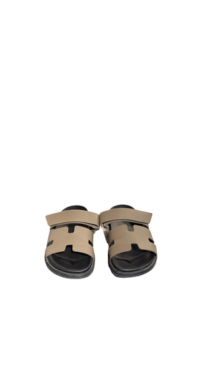 Hermes Chypre Sandals Taupe Grey Leather Black Rubber Sole H Cutout Adjustable Strap Size EU 40 Box