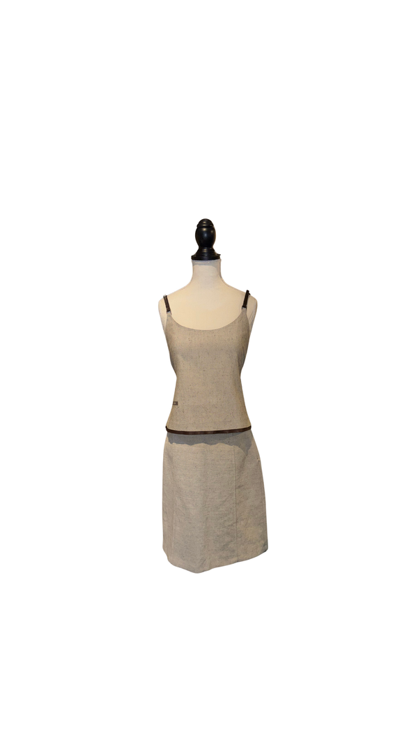 Prada Vintage Grey Linen Two Piece Set Camisole Tank Top Midi Skirt Brown Leather Trim Logo Detail Summer Co Ord Designer Suit Size IT 44