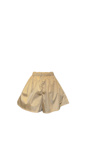 Prada Re Nylon Beige Drawstring Shorts Elastic Waist Wide Leg Enamel Triangle Logo Technical Fabric Sporty Designer Bermuda Shorts New with Tags Size IT 46